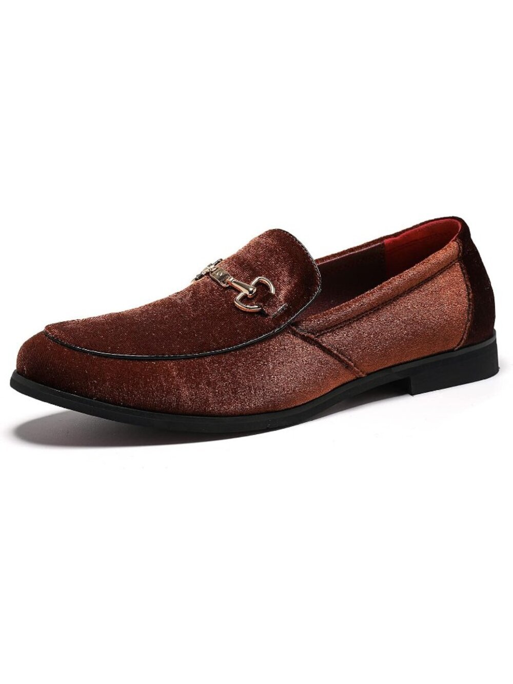 LCQL Men's Brown Leather Velvet Loafer Gold Buckle Slip On Comfortable Shoes